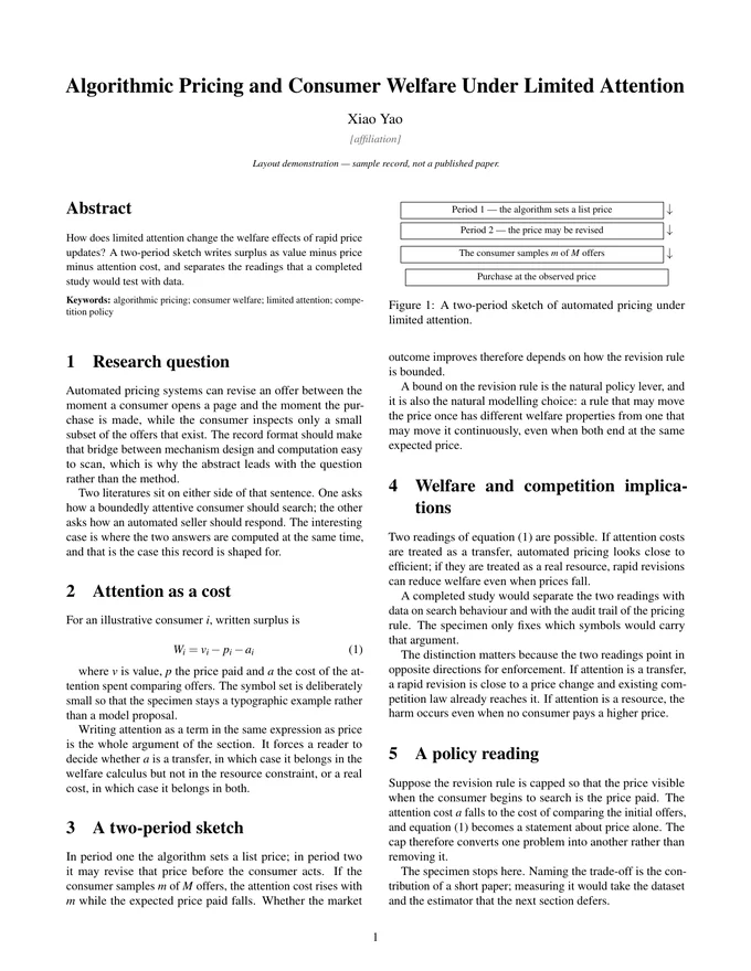 First page of the LaTeX PDF: Algorithmic Pricing and Consumer Welfare Under Limited Attention