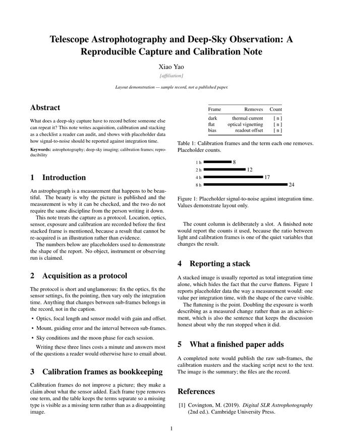 First page of the LaTeX PDF: Telescope Astrophotography and Deep-Sky Observation: A Reproducible Capture and Calibration Note