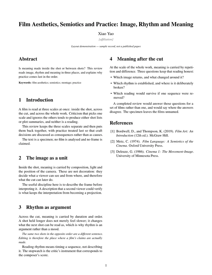 First page of the LaTeX PDF: Film Aesthetics, Semiotics and Practice: Image, Rhythm and Meaning