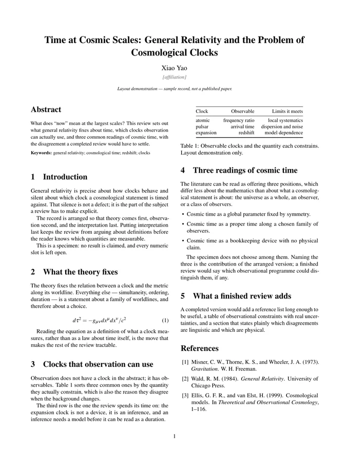 First page of the LaTeX PDF: Time at Cosmic Scales: General Relativity and the Problem of Cosmological Clocks