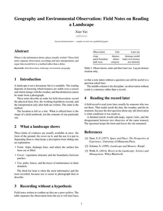 First page of the LaTeX PDF: Geography and Environmental Observation: Field Notes on Reading a Landscape