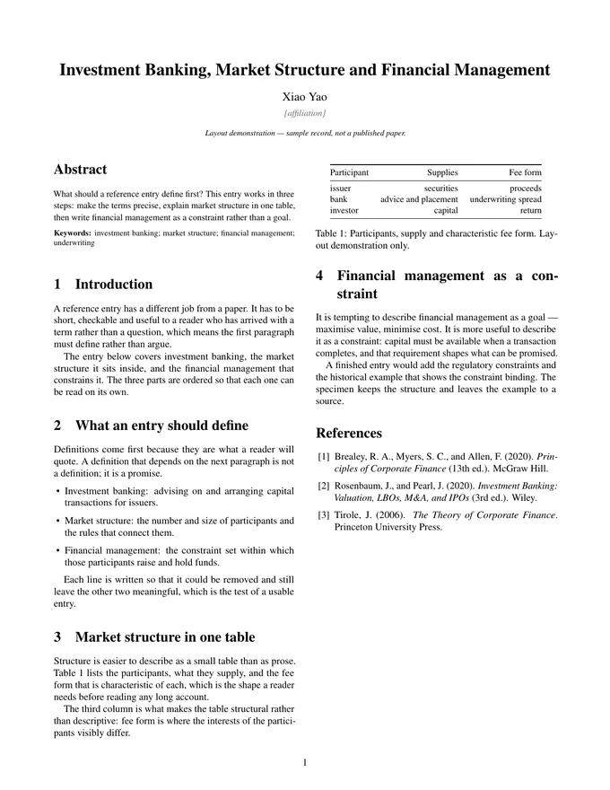 First page of the LaTeX PDF: Investment Banking, Market Structure and Financial Management