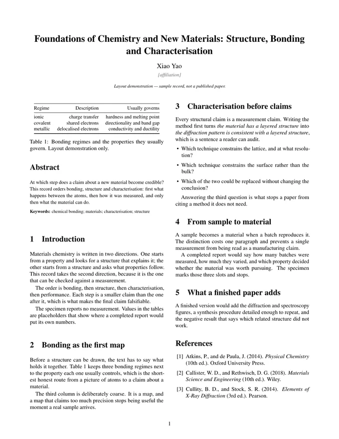 First page of the LaTeX PDF: Foundations of Chemistry and New Materials: Structure, Bonding and Characterisation