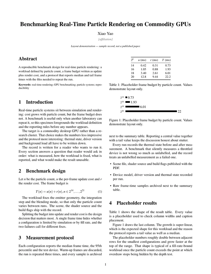 First page of the LaTeX PDF: Benchmarking Real-Time Particle Rendering on Commodity GPUs