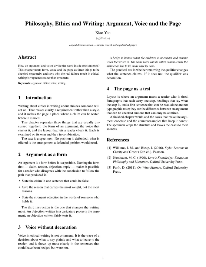 First page of the LaTeX PDF: Philosophy, Ethics and Writing: Argument, Voice and the Page