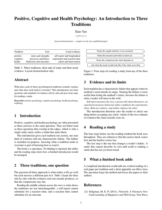 First page of the LaTeX PDF: Positive, Cognitive and Health Psychology: An Introduction to Three Traditions