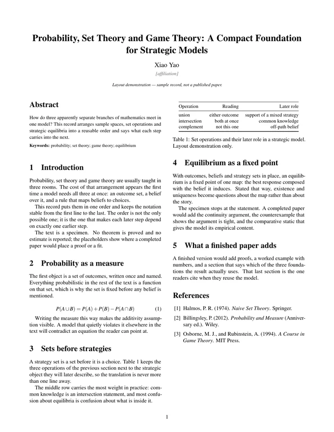 First page of the LaTeX PDF: Probability, Set Theory and Game Theory: A Compact Foundation for Strategic Models