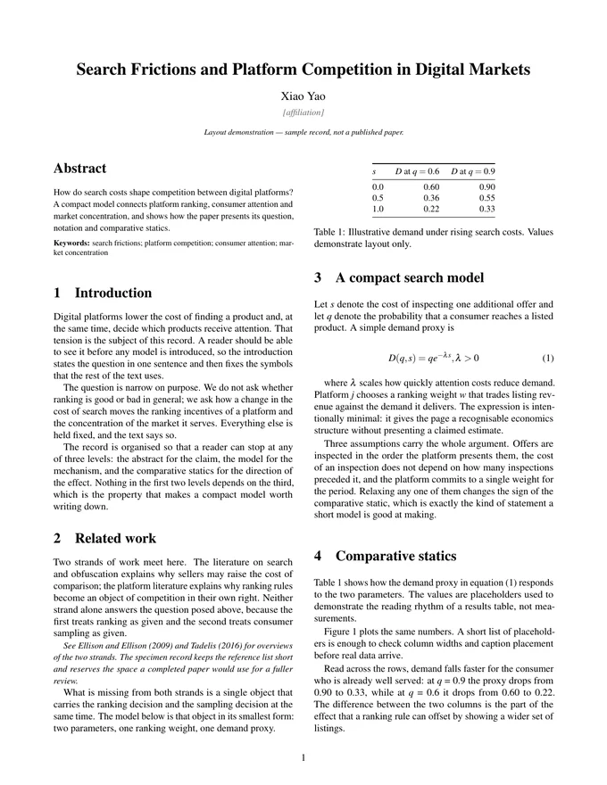 First page of the LaTeX PDF: Search Frictions and Platform Competition in Digital Markets